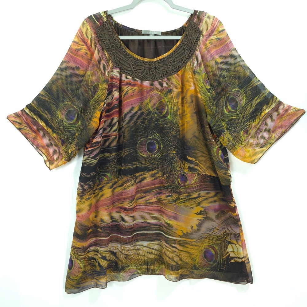 Peacock Print Embroidery Blouse Women XL Brown Boho Tunic Whimsical Festival